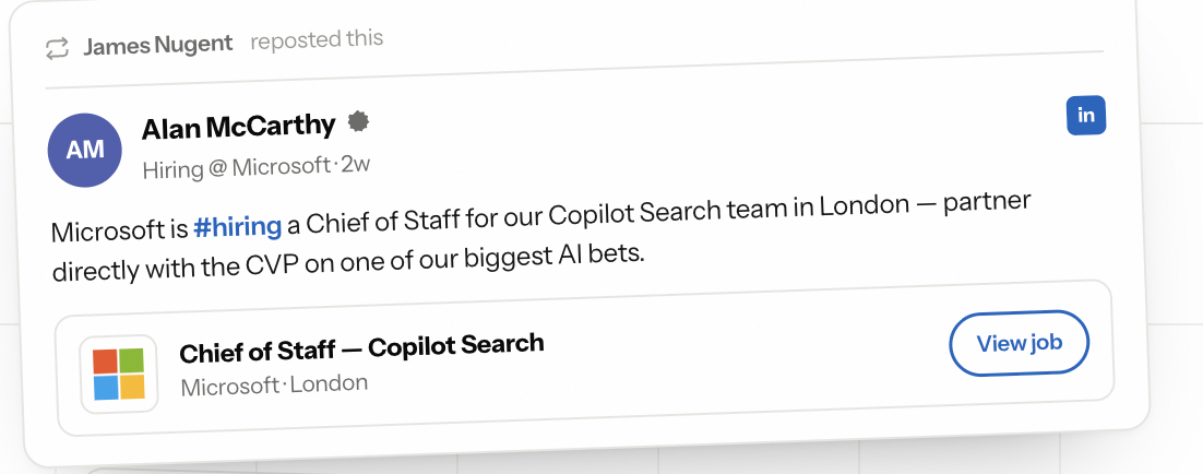 James Nugent reposted Alan McCarthy hiring a Chief of Staff for Copilot Search at Microsoft, London
