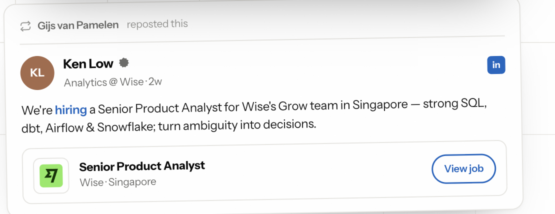 Gijs van Pamelen reposted Ken Low hiring a Senior Product Analyst at Wise, Singapore